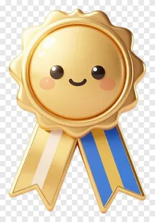 A smiling golden medal badge with a tricolor ribbon.