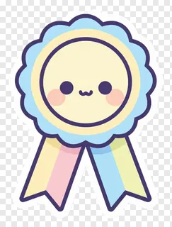 A smiling pastel-colored ribbon badge with a cute face.