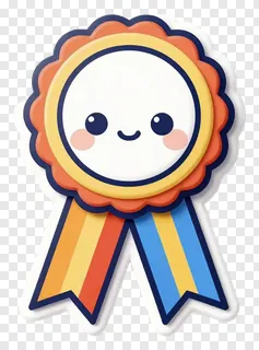 A smiling cartoon badge with tricolor ribbons.