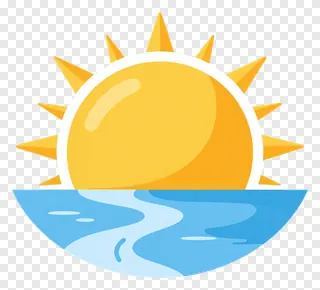 A flat-design sun rising over a river.