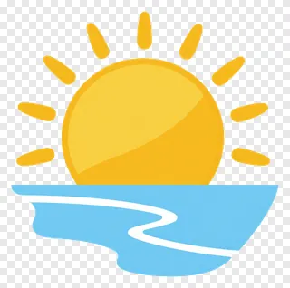 A bright sun with rays above a blue river wave.