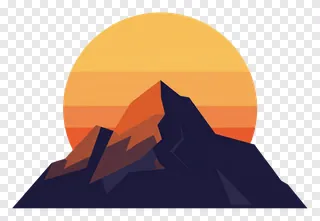 Mountain peak at sunset with orange and yellow sky.