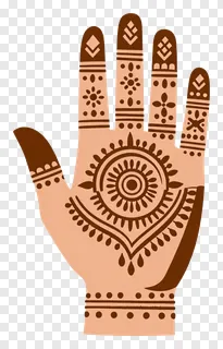 Hand decorated with detailed mehndi design on palm and fingers.
