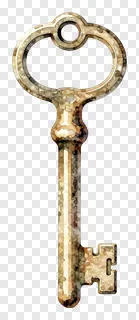 A vintage brass key with decorative bow and worn texture.