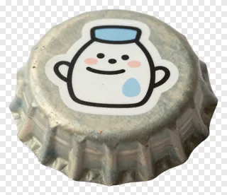 A vintage metal bottle cap with a cartoon milk jug design.