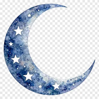 Crescent moon painted in watercolor with scattered stars.