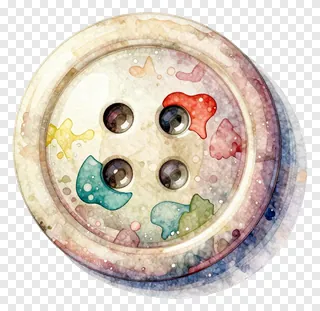 Watercolor-painted button with four holes and colorful stains.