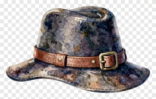 A watercolor-style pilgrim hat with a mottled pattern and leather buckle.