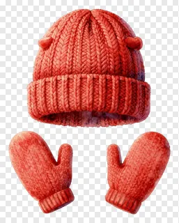 Red knitted beanie and mittens in watercolor style.