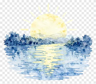 A watercolor painting of a sun rising over a blue river.
