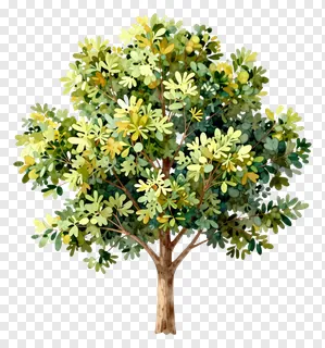 A watercolor painting of a tree with green and yellow leaves.
