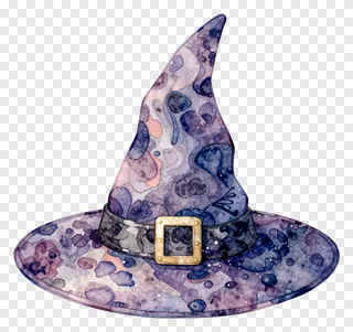 A watercolor witch hat with purple and pink colors and a gold buckle.