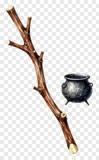 A wooden broomstick with a floating cauldron.