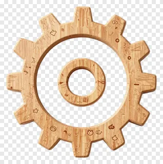 A wooden gear with engraved symbols on its teeth.