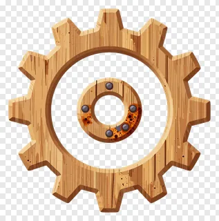 A wooden gear with rust on its center.