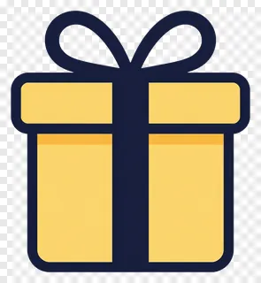 A yellow gift box with a dark blue bow.