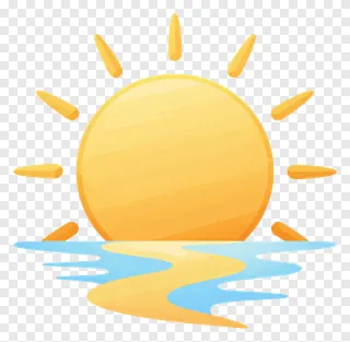 A flat-design sun rising over a river.