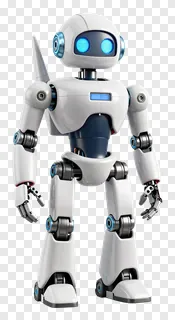 A white animated robot with blue glowing eyes.