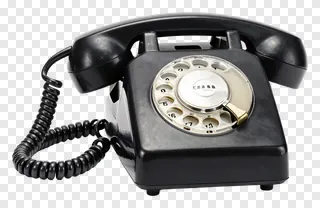 A black rotary telephone with a dial.