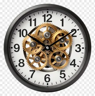 An analog clock showing gears in motion.