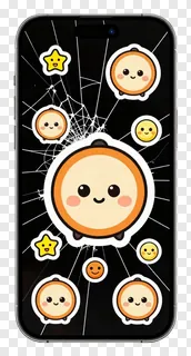 Smartphone showing cute cartoon faces on a cracked screen.