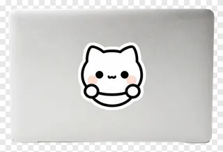 A silver laptop with a cute cartoon cat sticker on the lid.