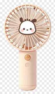 A pink handheld fan with a giraffe face design.