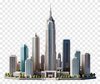 A futuristic cityscape with tall buildings and trees.