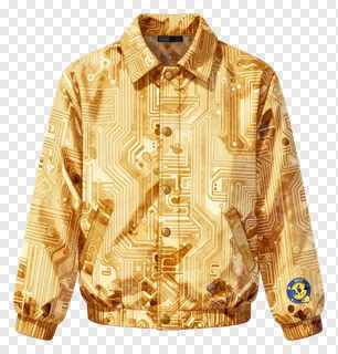 Golden circuit pattern jacket with button front and sleeve patch.