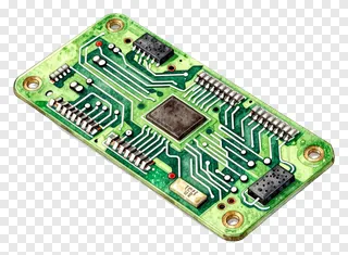 Green circuit board with electronic components.