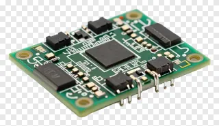 Green circuit board with electronic components.