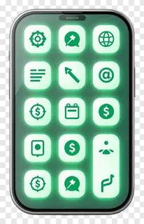 A smartphone with glowing green app icons on its screen.