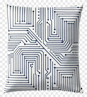 A pillow with a navy blue circuit board pattern on a white background.
