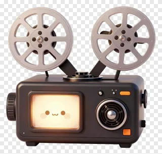 Retro film projector with glowing screen and film reels.