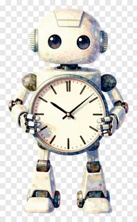 A robot holding a clock face with Roman numerals.