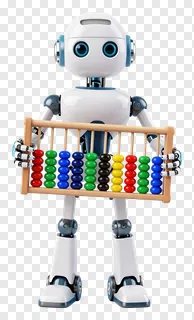 White robotic figure holding an abacus with colored beads.