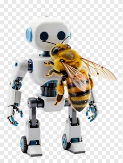 White robot holding a live yellow-and-black striped bee.
