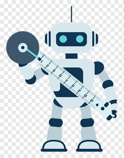 Robot holding a measuring tool, slide rule.