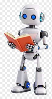 White robotic figure holding and reading a red-covered book.