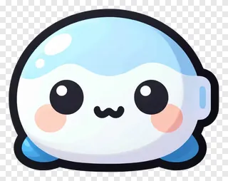 A cute cartoon tech icon with big eyes and a mustache.