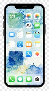 Front view of a smartphone displaying apps against a blue-green abstract background.