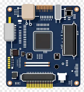 Blue motherboard illustration showing circuitry and chips.