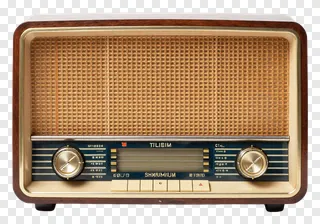 Vintage wooden radio with dials and speaker grille.