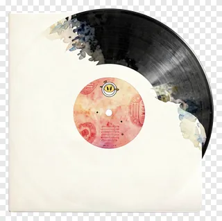 A vinyl record peeking out of a watercolor sleeve.