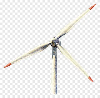 Watercolor drawing of wind turbine blades with red tips.