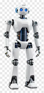 A white humanoid robot with blue glowing eyes.