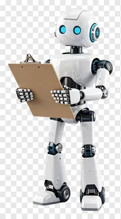 Robot with blue eyes holds a clipboard.