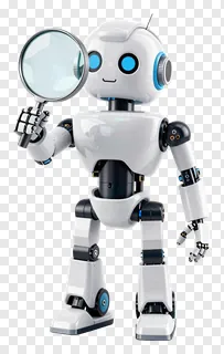 White robot holding a magnifying glass.