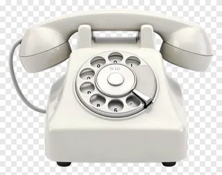 A white rotary dial telephone with handset.