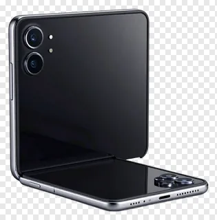A black foldable smartphone partially unfolded.
